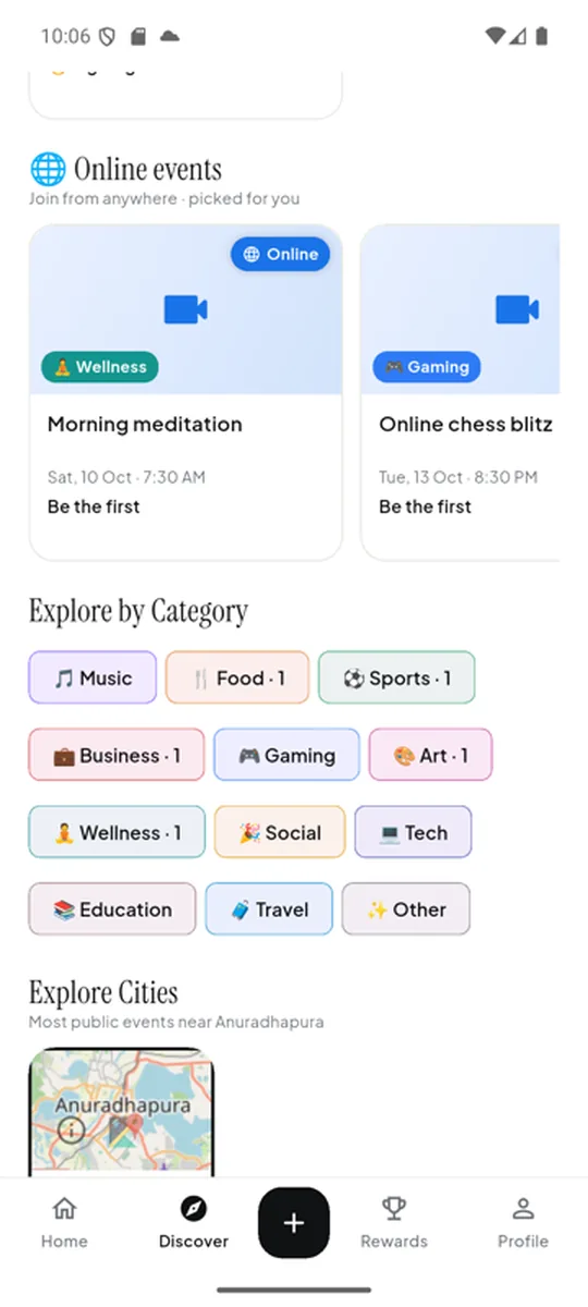 Discover showing online events and categories