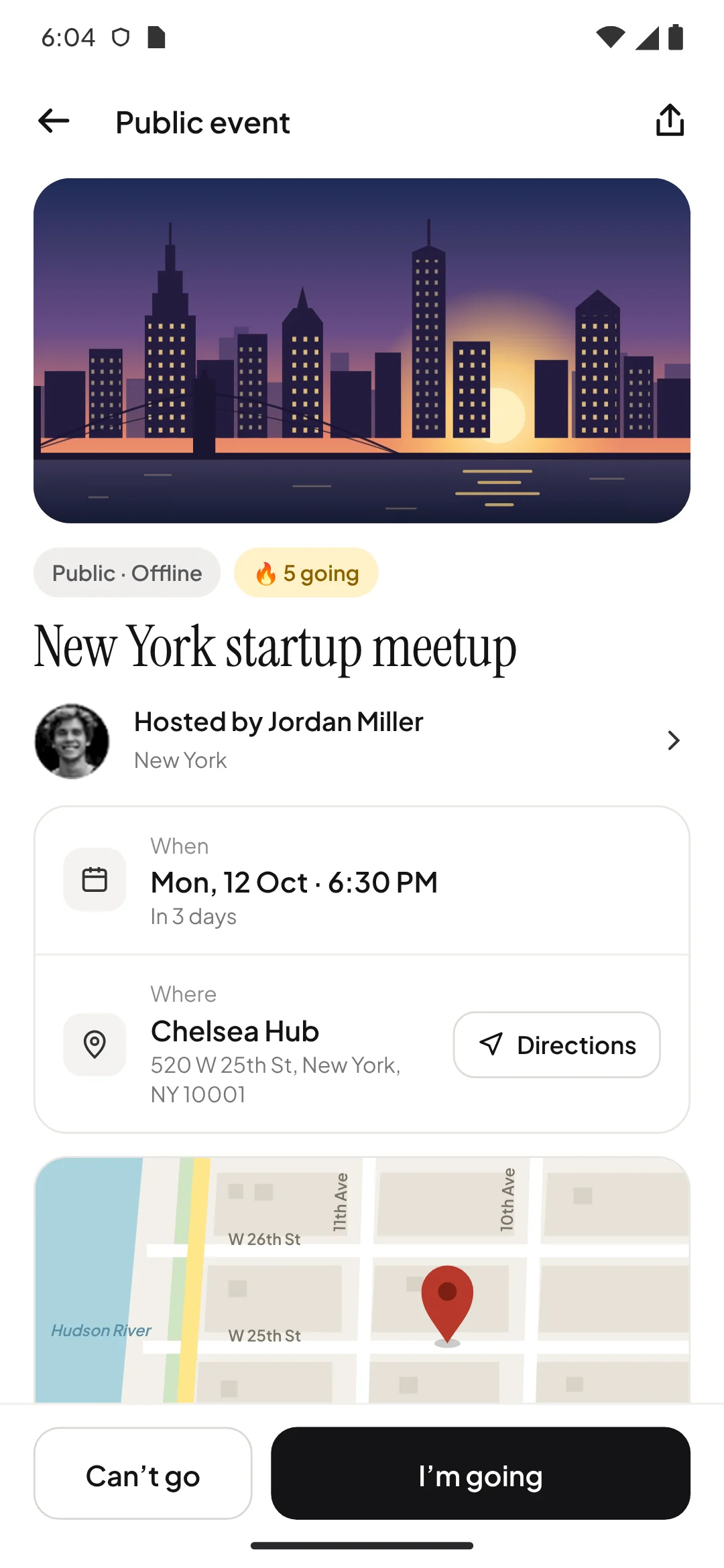 CrowdUp public event page for a New York startup meetup at Chelsea Hub, showing when, where, a map and the I'm going button