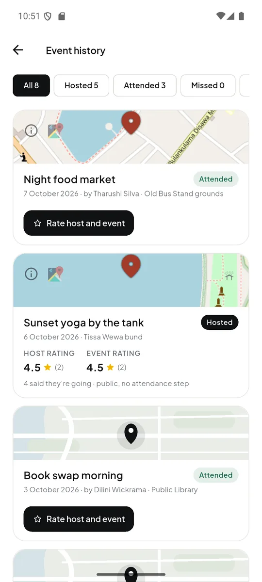 Event history listing hosted and attended meetings with their ratings