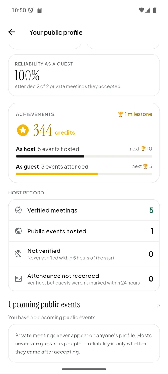 A public profile with reliability, achievements and the host record